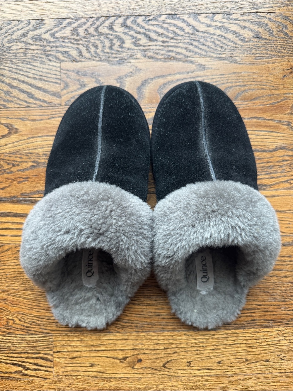 Quince Australian Shearling Scuff Slipper Black Suede with Gray Cuff US 9